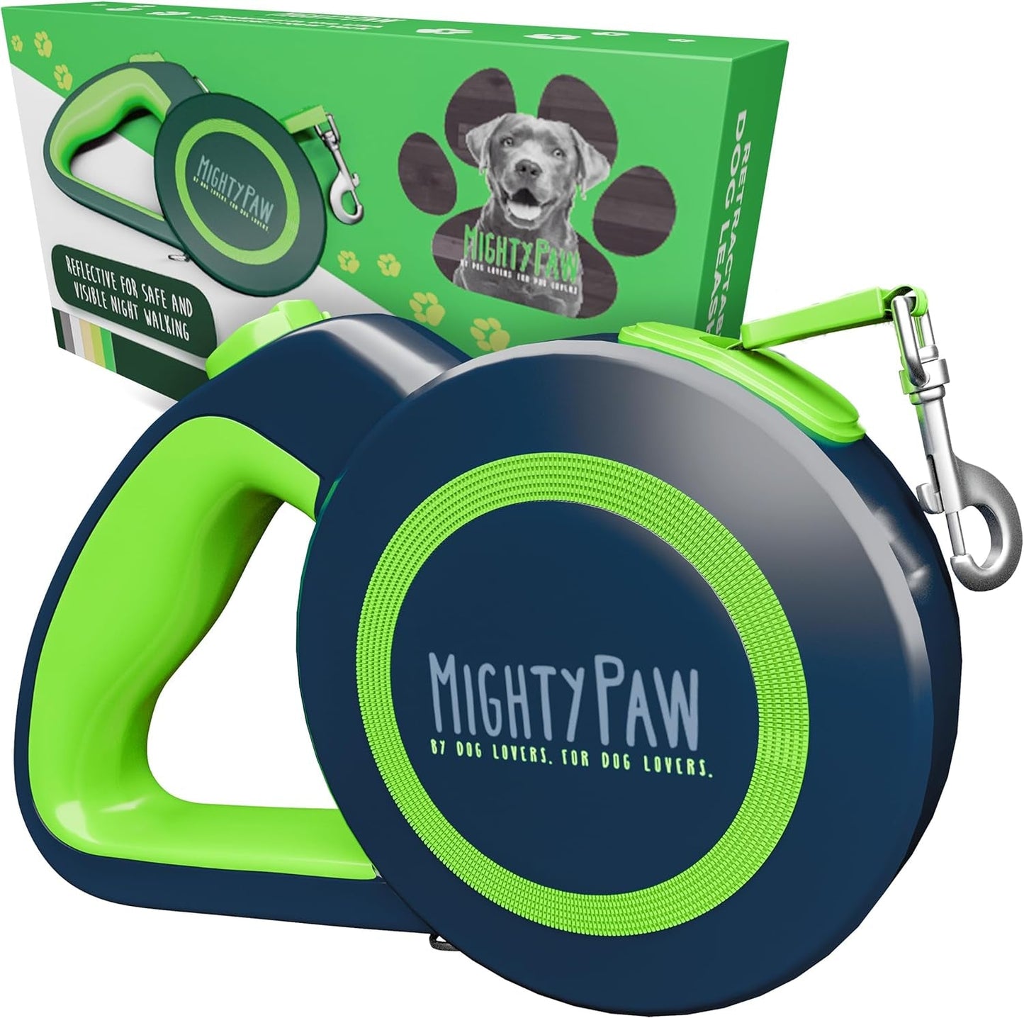 Mighty Paw Retractable Dog Leash 2.0 – 16ft Reflective Nylon for Dogs up to 50 lbs (Green) - Paw Fit Gears