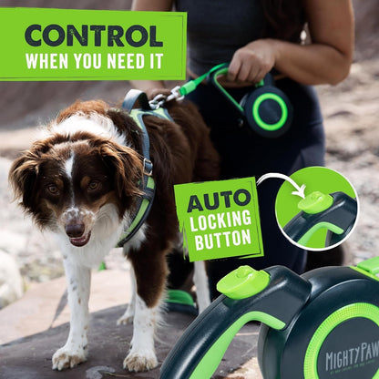 Mighty Paw Retractable Dog Leash 2.0 – 16ft Reflective Nylon for Dogs up to 50 lbs (Green) - Paw Fit Gears